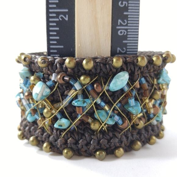Wide Cuff Brown Bracelet Blue Gemstones & Seed Beads - Picture 7 of 8